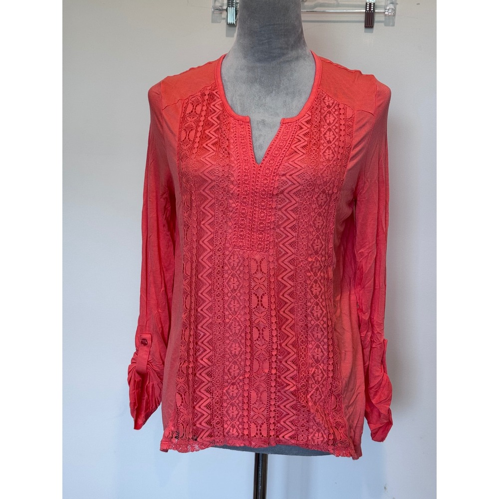RXB Porcelain Rose Lace Front Roll Tab Sleeve Top Medium Coral Boho Split Neck